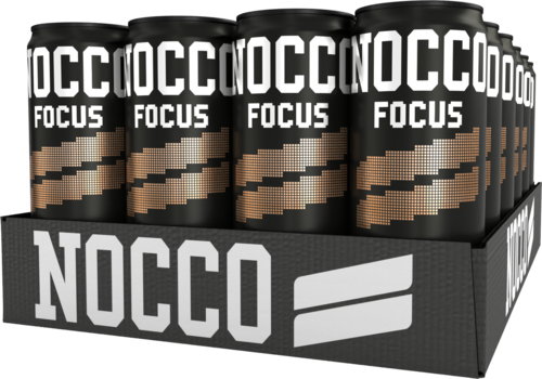 Black cans with white text and orange lines, arranged in a display box, advertising NOCCO Focus energy drink.