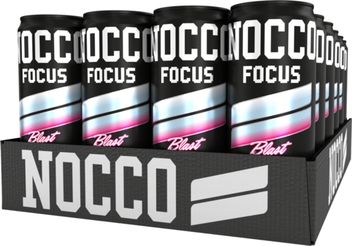 A display box with energy drink cans labeled NOCCO Focus Blast, featuring black cans with pink, white, and blue design.