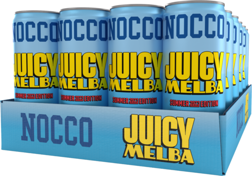 Six cans of NOCCO Juicy Melba drink in a blue box, with bright yellow and red text. It is a summer edition.