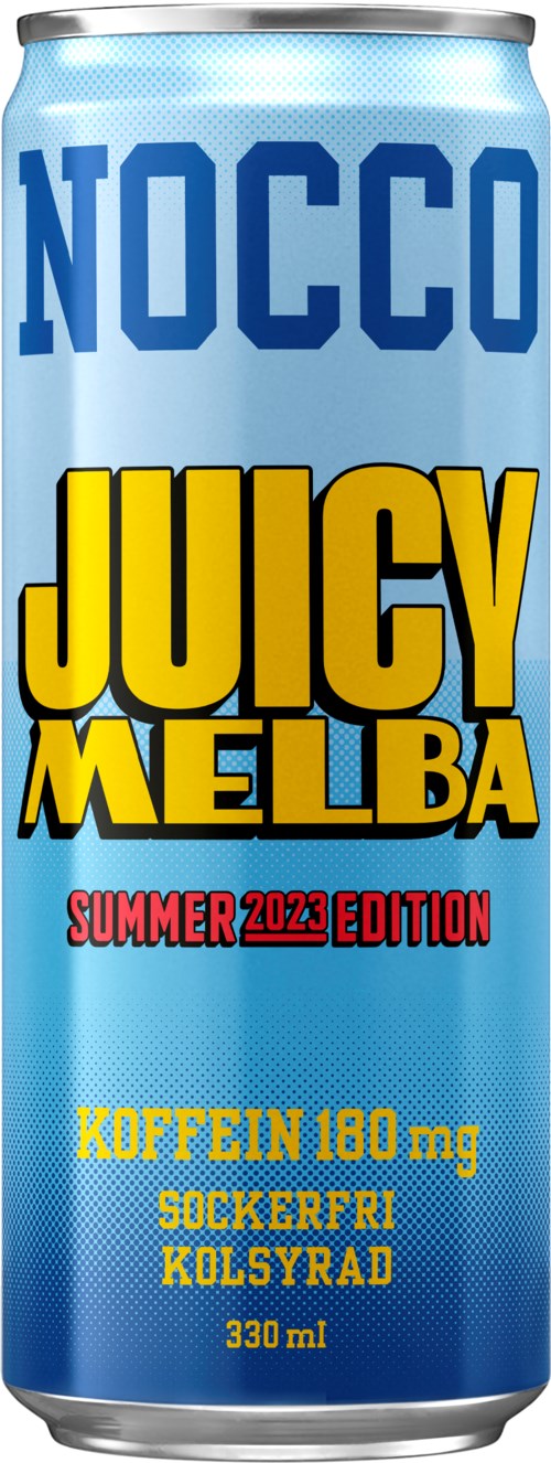 A tall, light blue energy drink can labeled NOCCO Juicy Melba, Summer 2023 Edition, with ingredients listed in Swedish.