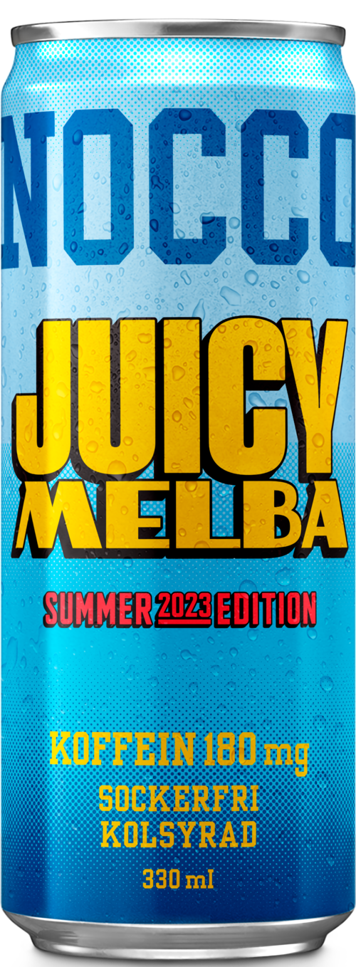A blue can of a beverage labeled "Juicy Melba Summer 2023 Edition," with ingredients like caffeine, sugar, and citric acid.