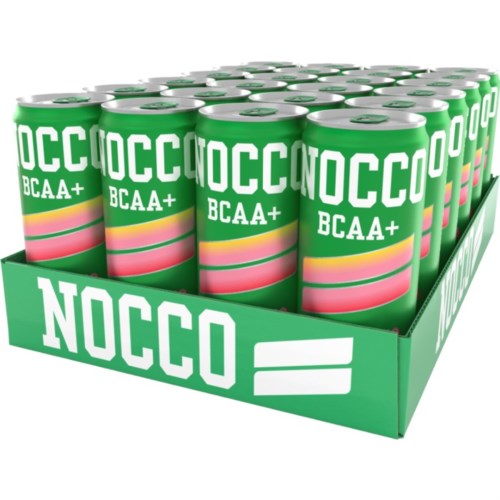 A green box filled with cans labeled NOCCO BCAA+ energy drink. The cans are arranged in rows.