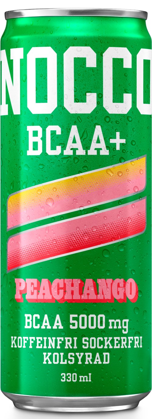 Green can of ONCO BCAA+ with pink, yellow, and white accents. Text mentions peach mango flavor and 5000 mg BCAA.