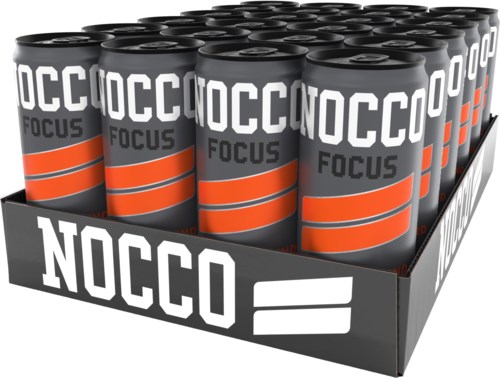 A display box filled with cans of NOCCO Focus energy drink, lined up in rows.