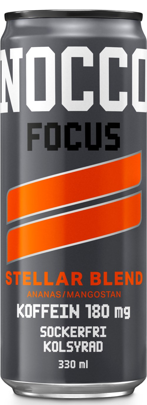 A gray energy drink can labeled 'Nocco Focus Stellar Blend' with orange and black design, caffeine content, and healthy features.