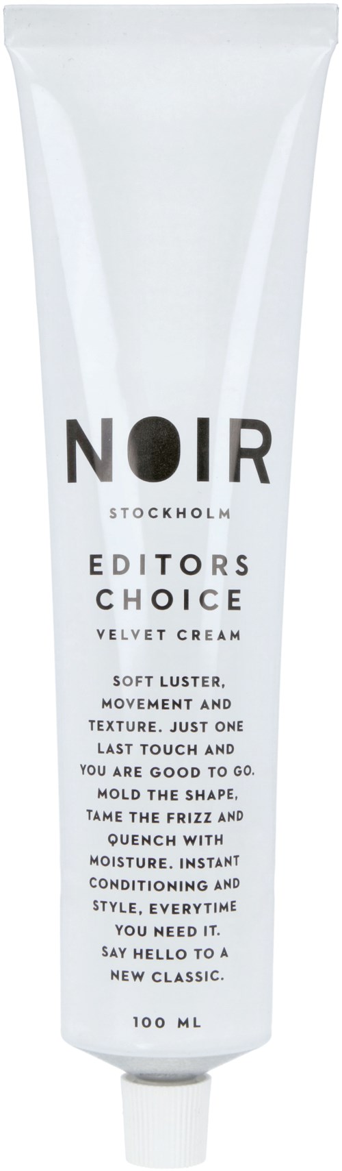 A white tube of Noir Stockholm Velvet Cream with black text, describing its moisturizing and styling benefits.