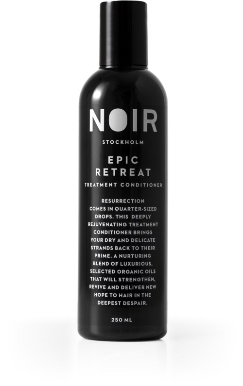 A black bottle of Noir Stockholm Epic Retreat treatment conditioner with white text.