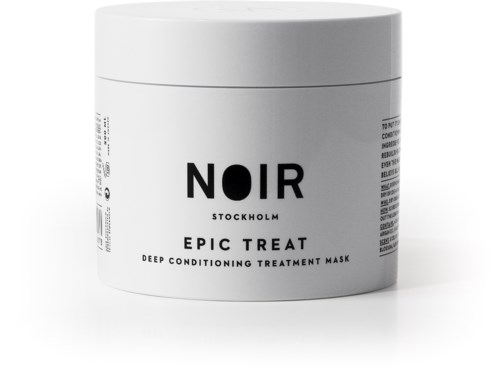 A white jar labeled Noir Stockholm Epic Treat Deep Conditioning Treatment Mask.