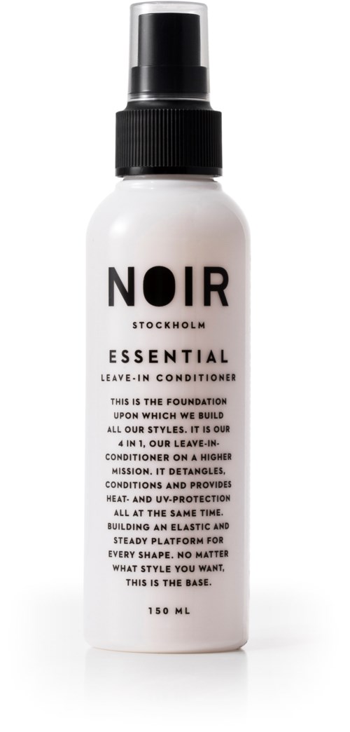 A white spray bottle labeled NOIR Stockholm, essential leave-in conditioner, with black cap and spray nozzle.