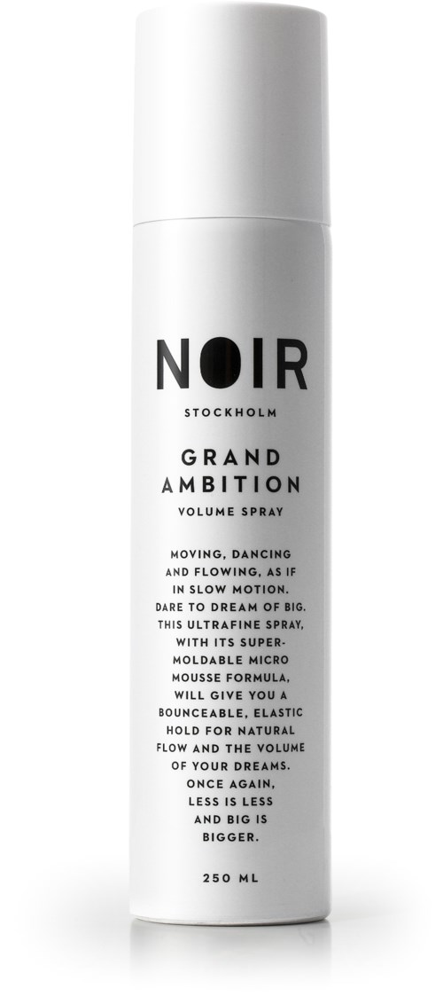 A white can of hair spray labeled 'NOIR Stockholm Grand Ambition,' with product description and volume of 250 ml.