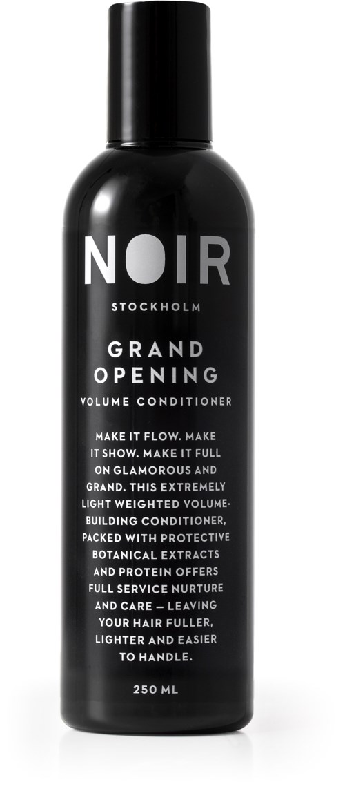 Black bottle of Noir Stockholm Grand Opening volume conditioner with white text. It describes hair benefits and ingredients.