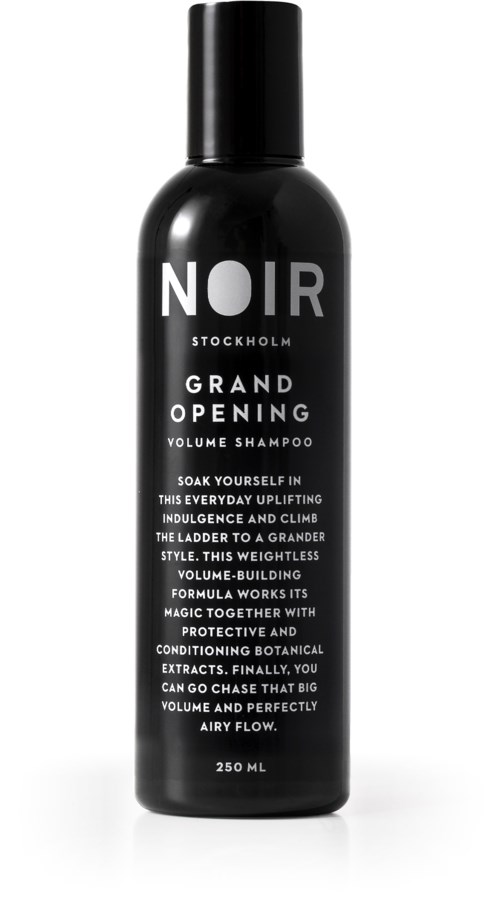 Black bottle with white text, labeled 'NOIR STOCKHOLM GRAND OPENING VOLUME SHAMPOO,' 250 ml.
