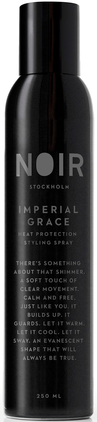 A tall black spray can with white text, labeled 'NOIR STOCKHOLM IMPERIAL GRACE.'