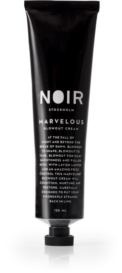 A black tube of Marvelous Blowout Cream from Stockholm, with white text describing its benefits and instructions.