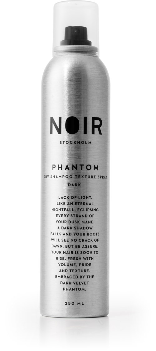 A tall silver spray can with a black cap, labeled 'NOIR PHANTOM'.
