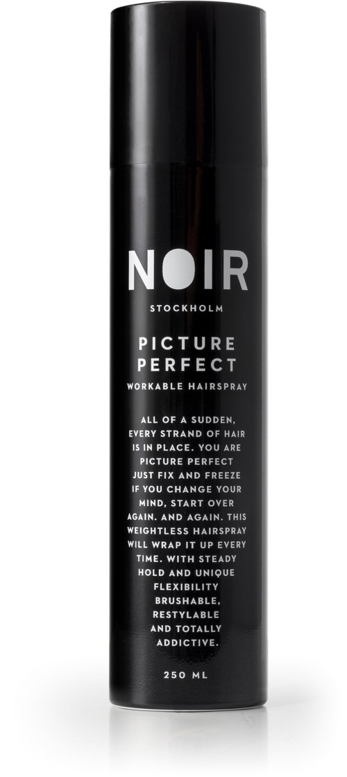 A black cylindrical can with white text, promoting a hairspray called Noir Stockholm for fixing and styling hair.