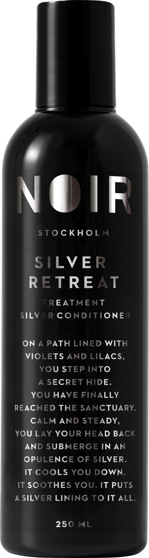 A black bottle with silver text displaying a hair treatment product named 'NOIR Stockholm Silver Retreat'.