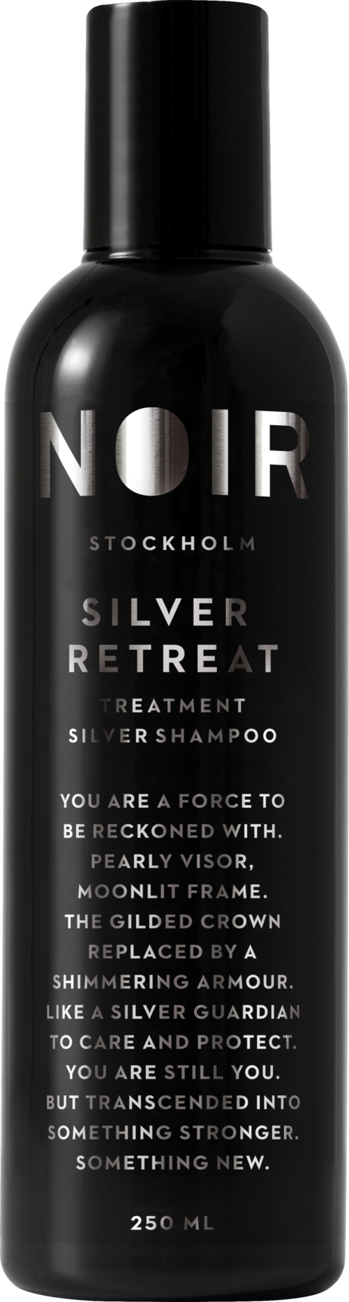 A black bottle labeled 'NOIR Stockholm Silver Retreat Treatment Silver Shampoo' with text describing strength and protection.