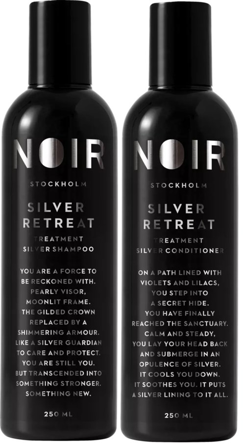 Two black bottles labeled 'NOIR Stockholm' for hair care, one is shampoo and the other conditioner. Simple design, silver text.
