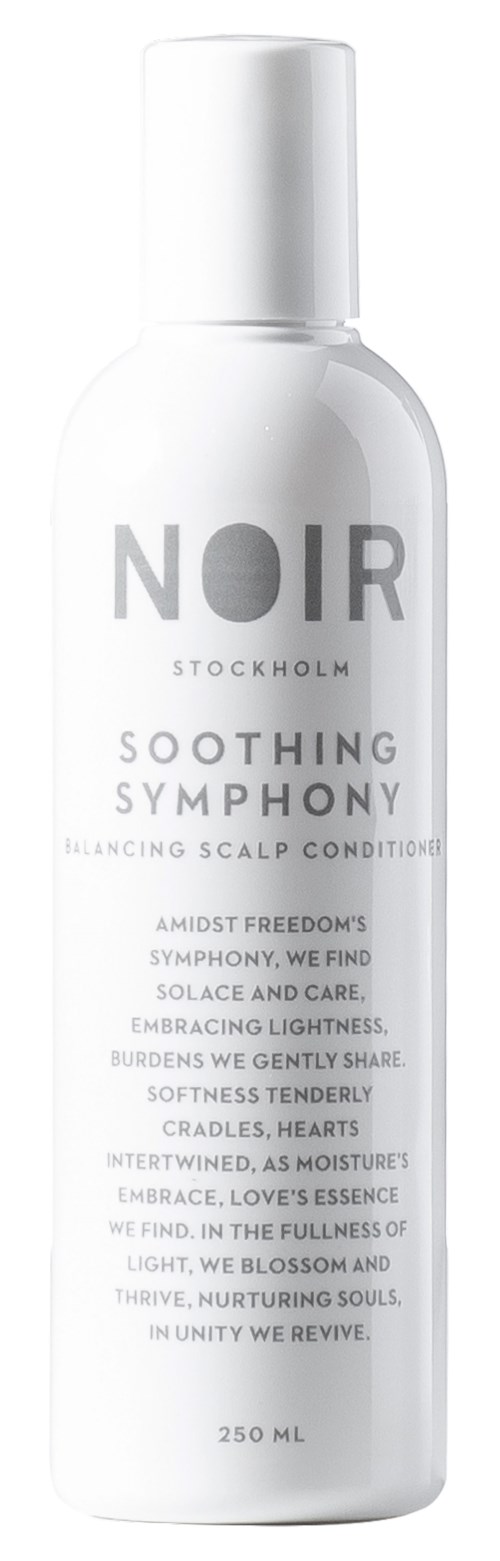 A white bottle with text, labeled 'NOIR Stockholm Soothing Symphony' for scalp conditioning, 250ml.