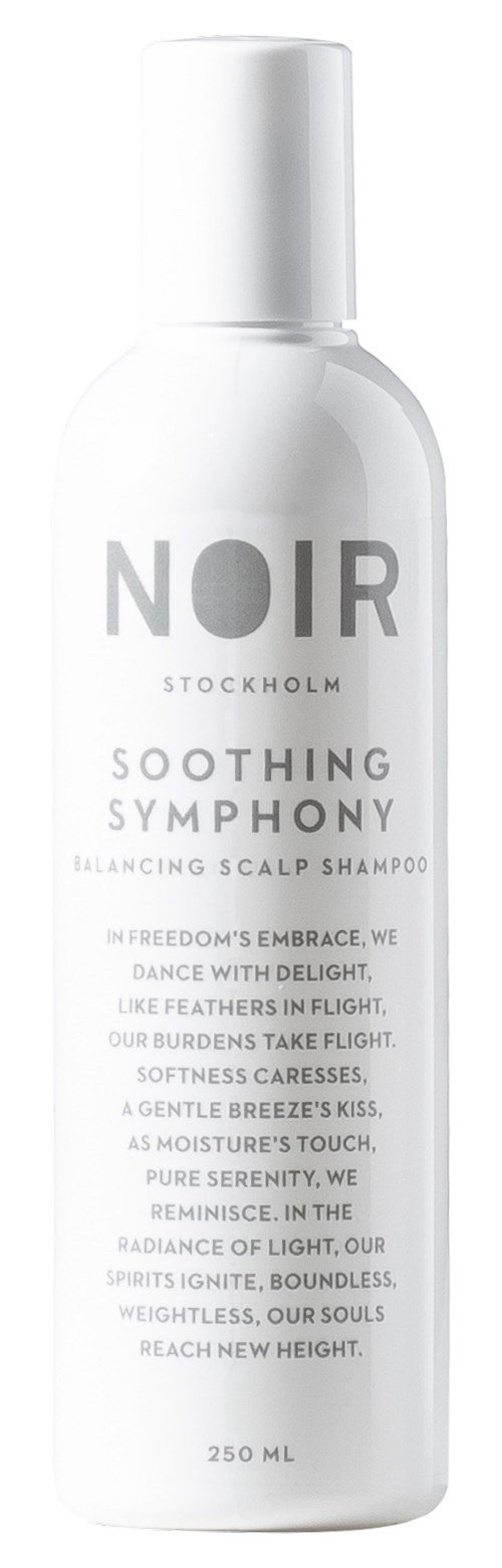White bottle of NOIR Stockholm Soothing Symphony scalp shampoo with text description.