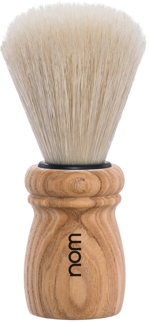 A shaving brush with a wooden handle and soft bristles, used for applying shaving cream or soap.