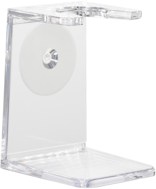 A clear acrylic stand with a round hole and a CD inside. It has a flat base and a vertical side.