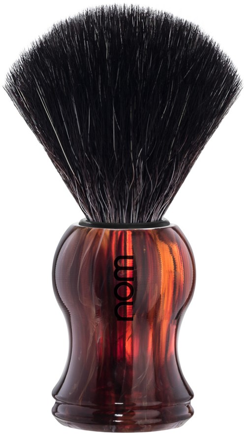 A shaving brush with a curved handle and black bristles. The handle is brown with a shiny surface.