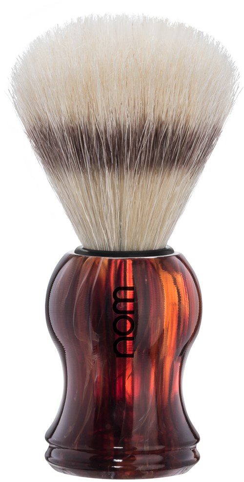 A shaving brush with a red and brown curved handle and soft white bristles.