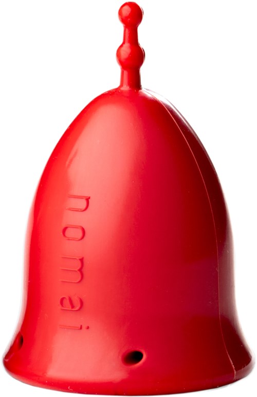 Eine rote Plastikglocke mit dem Wort 'Piem' eingraviert und einem kleinen Loch an der Unterseite.