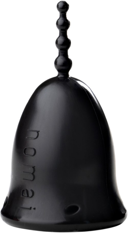 Eine schwarze Glocke mit dem Wort "powder" darauf und einem Griff oben.
