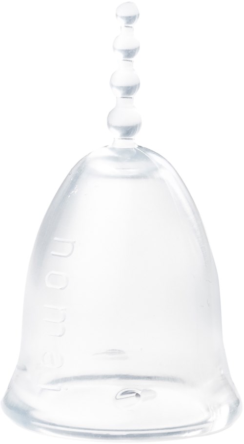 Ett klart, plastliknande klockformigt föremål med ett högt, trappstegsliknande topp, troligen en tvåll dispenser eller dekorationsföremål.