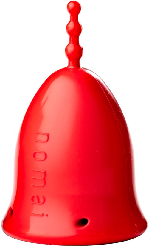 Rote Glocke mit dem Wort "Pomell" und einem kleinen Loch am unteren Rand. Es hat eine runde Oberseite und eine Klappform.