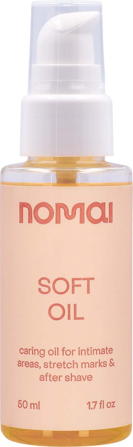 Eine kleine Flasche mit dem Etikett 'NOMAI SOFT OIL' und einem weißen Pumpspender, verwendet für die Pflege empfindlicher Haut.