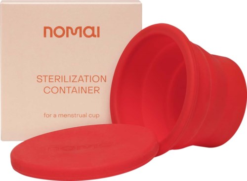 Roter Sterilisationsbehälter mit Deckel, Karton mit 'Sterilization Container' für Menstruationstasse.