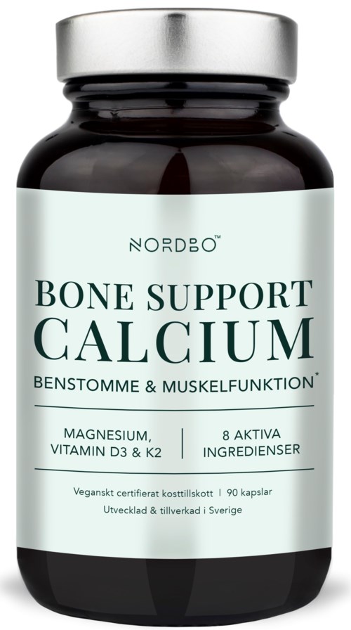 A bottle of Bone Support Calcium supplement with magnesium and vitamins, labeled in Swedish, made in Sweden.