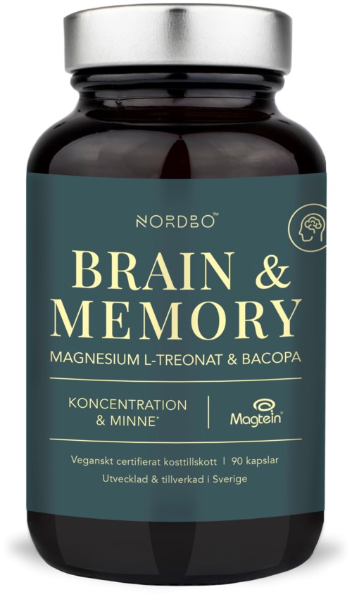 En mörk flaska märkt 'Brain & Memory' kosttillskott med ingredienser som magnesium och Bacopa, tillverkad i Sverige.