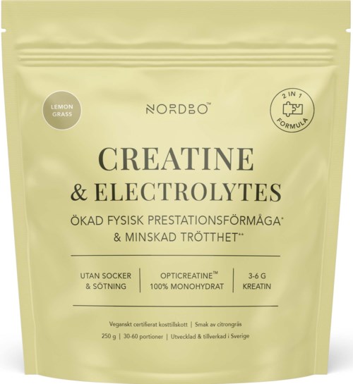 Emballasje av Nordbo Creatine & Electrolytes kosttilskudd i en lys gul pose med produktdetaljer og logo.