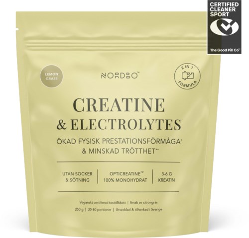 En lys grønn pakke med Nordic kreatin- og elektrolytttilskudd med sitrongress lukt, 250g vekt og 30-60 porsjoner.