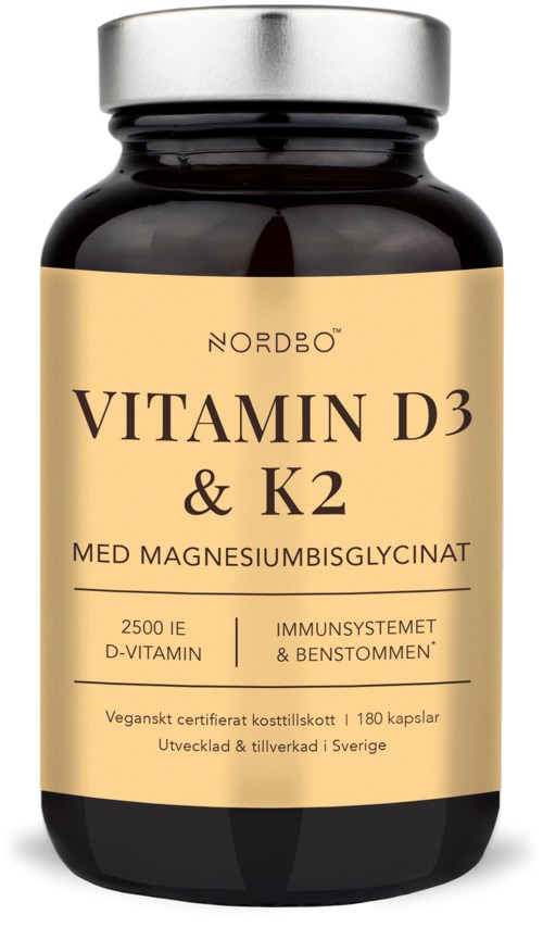 A bottle of dietary supplement labeled Vitamin D3 & K2 with magnesium glycinate, containing 180 capsules.