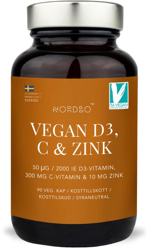 A bottle of vegan supplement with vitamin D3, C, and zinc for immune support, labeled in Swedish.