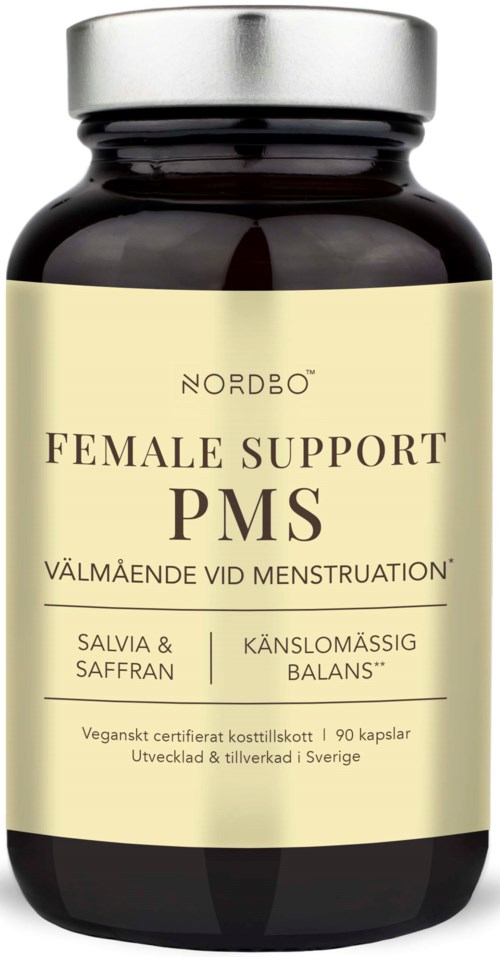 En mörk flaska märkt "Female Support PMS" med ingredienser och svensk text, silverlock, enkel design.