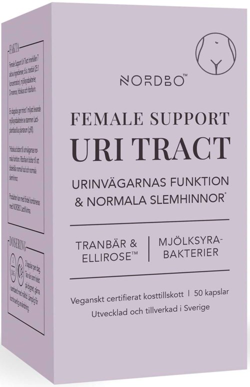 En eske merket "Female Support Uri Tract" med tekst om urinfunksjon, bær og bakterier, laget i Sverige.