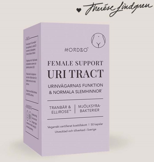 En lys lilla boksmerke med teksten 'Female Support Uri Tract' og en enkel hundeillustrasjon, på norsk.