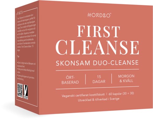 Förpackning för First Cleanse-tilskott, rosa färg, med produktnamn och funktioner listade.