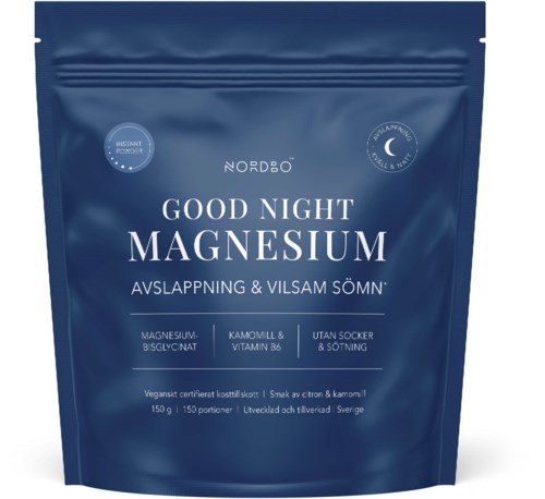 Blå förpackningspåse märkt 'Good Night Magnesium' med ingredienser och fördelar listade.