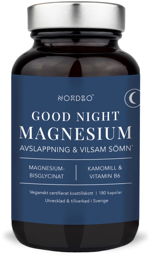 Mörk flaska med blå etikett, innehåller magnesium för sömnen. Etiketten säger God Natt Magnesium med örter.