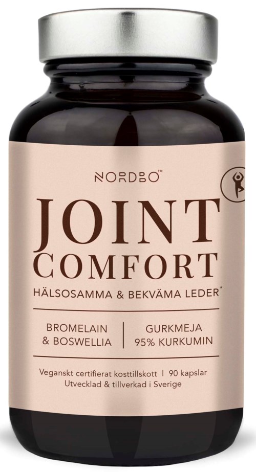 En mörk pillerflaska med en beige etikett som visar produktnamn, ingredienser och svensk ursprung.
