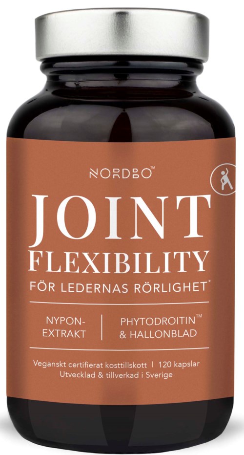 En mørk flaske med brun etikett beskriver et kosttilskudd for leddenes bevegelighet, inneholder planteekstrakter og vitaminer, produsert i Sverige.