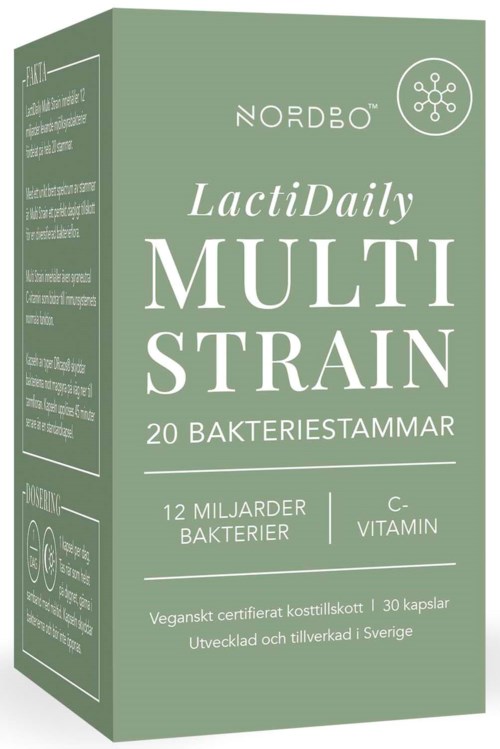Grønn eske med hvit tekst for et probiotika tilskudd, med multi-stamme bakterier og vitaminer, laget i Sverige.
